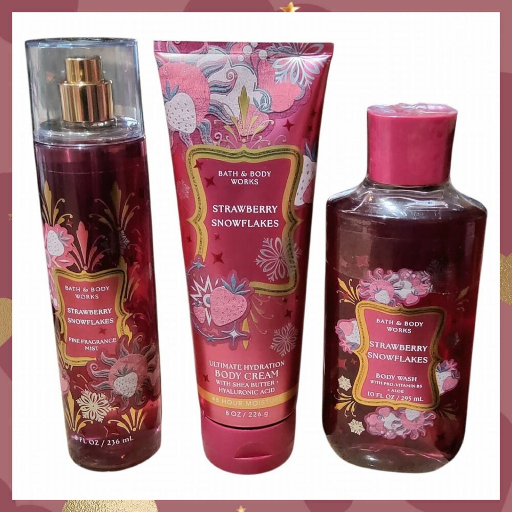 NEW! STRAWBERRY SNOWFLAKES 3 PC SET BODY WASH, CREAM, & FRAGRANCE BATH & BODY